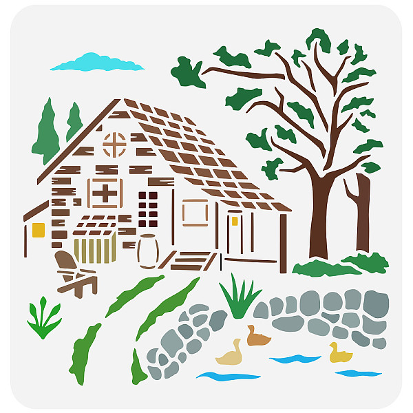 PandaHall FINGERINSPIRE Duck Pond Scenery Stencil 11.8x11.8inch Reusable House Tree Pond Painting Template DIY Art Nature Stencil Scenery...