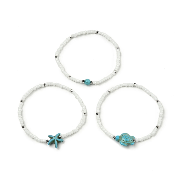 

PandaHall 3Pcs 3 Style Synthetic Turquoise & Glass Seed Beaded Stretch Bracelets Set, Round & Starfish & Turtle, Turquoise, Inner Diameter..., Green