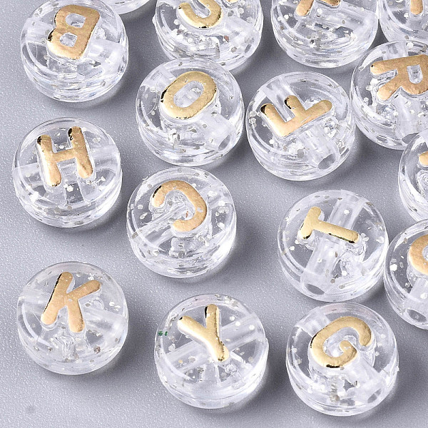 

PandaHall Transparent Clear Acrylic Beads, with Glitter Powder, Horizontal Hole, Flat Round with Random Letters, Gold, 10x6mm, Hole: 2mm...