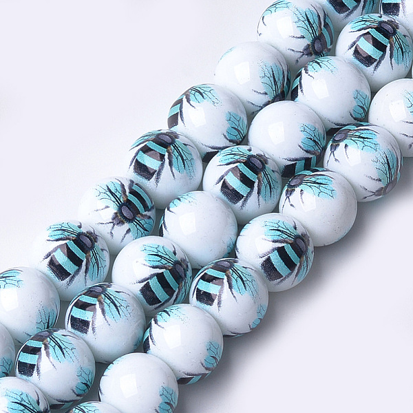 

PandaHall Printed & Spray Painted Glass Beads, Round with Bee Pattern, Cyan, 12~12.5x11.5mm, Hole: 1.4mm Glass Other Animal Cyan