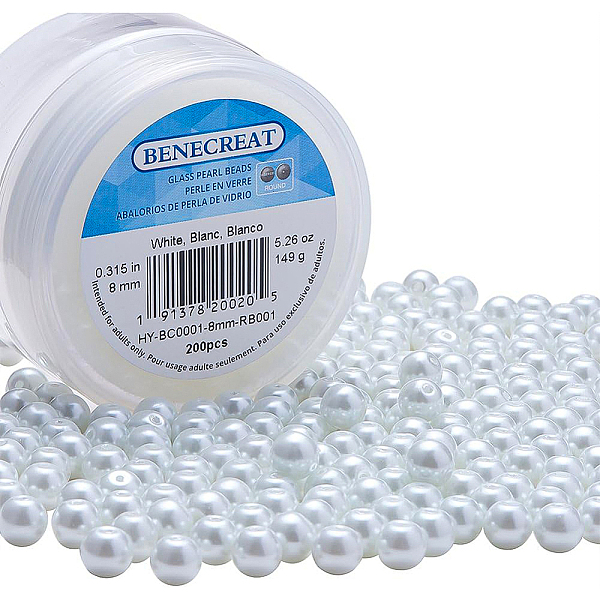 

PandaHall BENECREAT 8mm Environmental Dyed Pearlized Glass Pearl Round Bead for Jewelry Making with Bead Container (White, about 200pcs)...