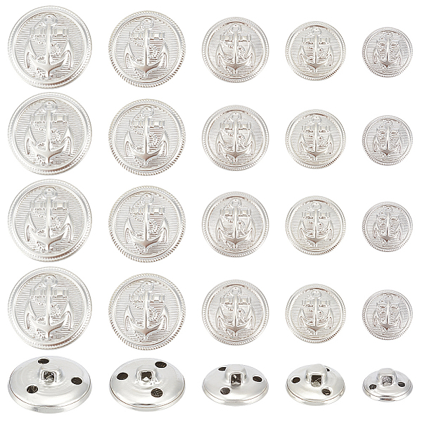 50Pcs 5 Style Retro Style Brass Buttons, 1-Hole, Flat Round with Badge/Anchor Pattern, Platinum, 15-25x7.5-14mm, Hole: 1.2-2.6x2-3mm, 10pcs/style