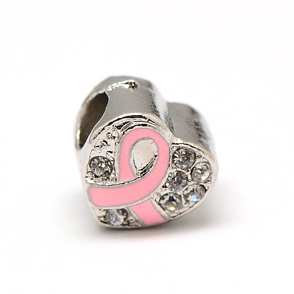 

PandaHall Platinum Plated Alloy Rhinestone European Beads, Large Hole Heart Beads with Enamel Breast Cancer Awareness Ribbon, Pink...