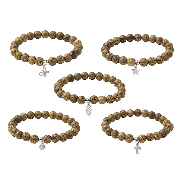 

PandaHall Natural Wood Round Beaded Stretch Bracelet with 304 Stainless Steel Charms, Mixed Shapes, Inner Diameter: 2-5/8 inch(6.8cm) Wood...
