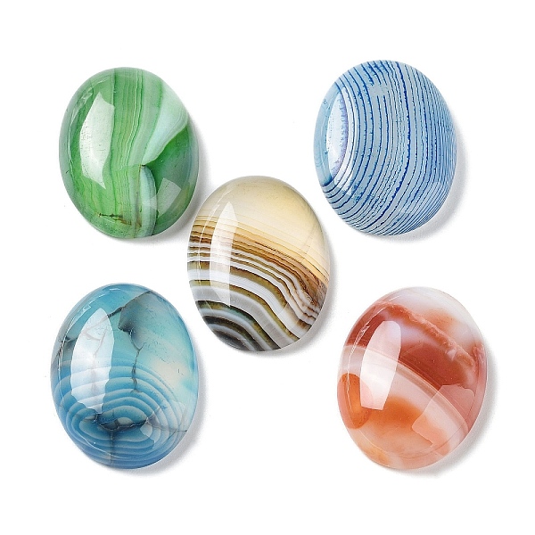 

PandaHall Natural Striped Agate/Banded Agate Cabochons, Dyed & Heated, Oval, Mixed Color, 30x21.5~22x6.5~7.5mm Banded Agate Oval Multicolor