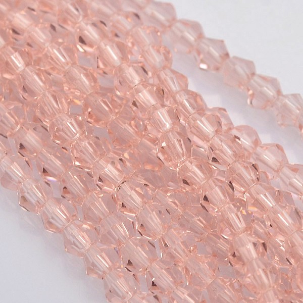 

PandaHall Bicone Glass Beads Strands, Faceted, Pink, 3.5x3mm, Hole: 1mm, about 113~115pcs/strand, 36~36.5cm Glass Bicone Pink