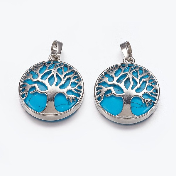 

PandaHall Synthetic Turquoise Pendants, with Brass Finding, Flat Round with Tree of Life, Platinum, 31x27x6mm, Hole: 5x8mm Synthetic...