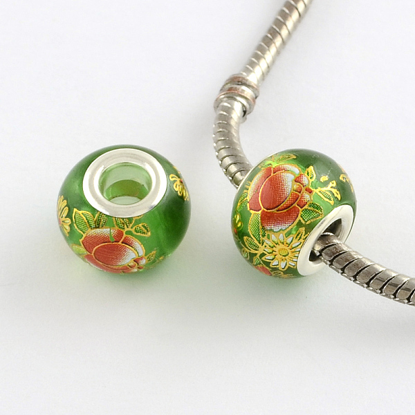 

PandaHall Large Hole Rondelle Flower Pattern Glass European Beads, with Silver Color Plated Brass Double Cores, Mixed Color, 14~15x11mm..., Multicolor