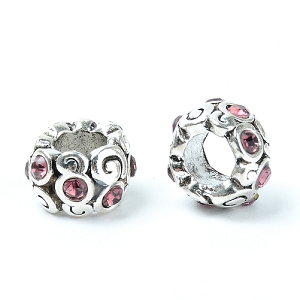 

PandaHall Zinc Alloy Rhinestone European Beads, Large Hole Beads, Rondelle, Antique Silver, Light Rose, 11.5x8mm, Hole: 5.5mm..., Pink