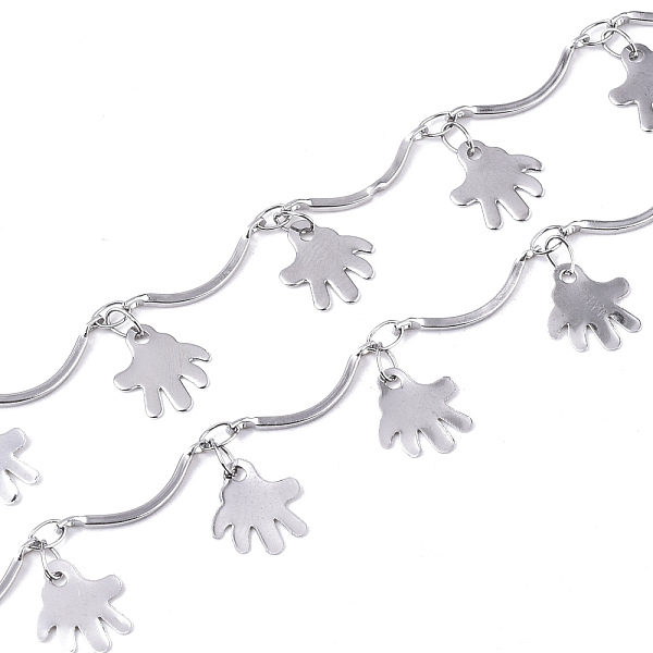PandaHall 304 Stainless Steel Curved Bar Link Chains, Scalloped Bar Chain, with Palm Charms, Soldered, Stainless Steel Color, Link...