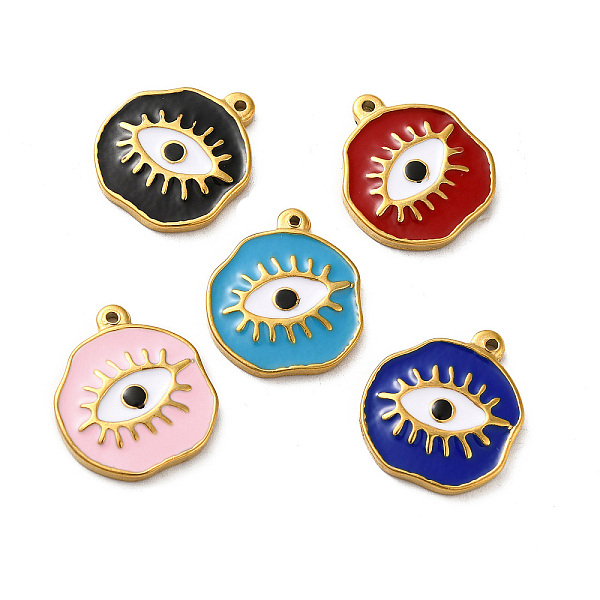 

PandaHall Ion Plating(IP) 304 Stainless Steel Charms, with Enamel, Flat Round with Evil Eye, Real 18K Gold Plated, Mixed Color..., Multicolor