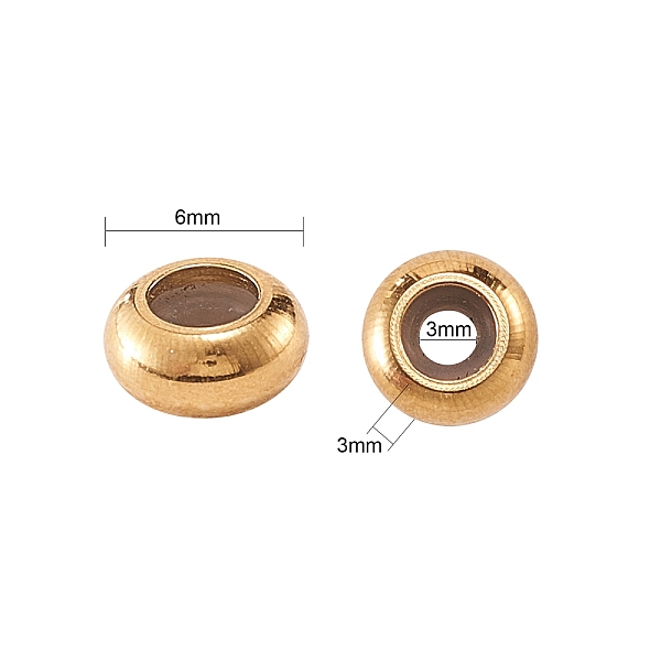 

PandaHall 50Pcs 202 Stainless Steel Beads, with Rubber Inside, Slider Beads, Stopper Beads, Rondelle, Golden, 6x3mm, Hole: 3mm 202 Stainless...