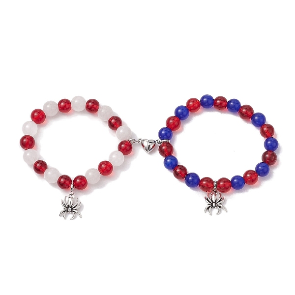 

PandaHall 2Pcs 10mm Round Natural White Jade & Red Glass & Blue Cat Eye Beaded Stretch Bracelet Sets for Lover, Halloween Spider Alloy Charm..., Multicolor