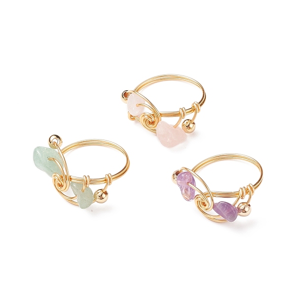 

PandaHall Natural Mixed Stone Chips with Brass Beaded Finger Ring, Light Gold Plated Copper Wire Wrap Jewelry for Women, US Size 8 1/2...