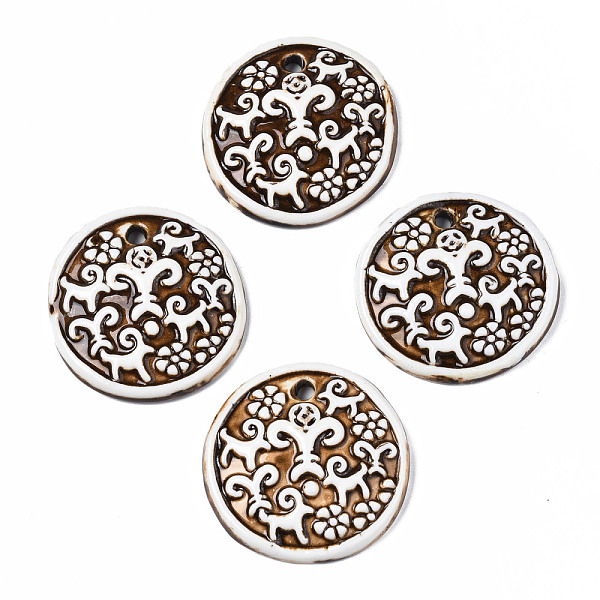 

PandaHall Handmade Porcelain Big Pendants, Flat Round with Goat Pattern, Saddle Brown, 49~51x9.5~10.5mm, Hole: 4mm Porcelain Flat Round