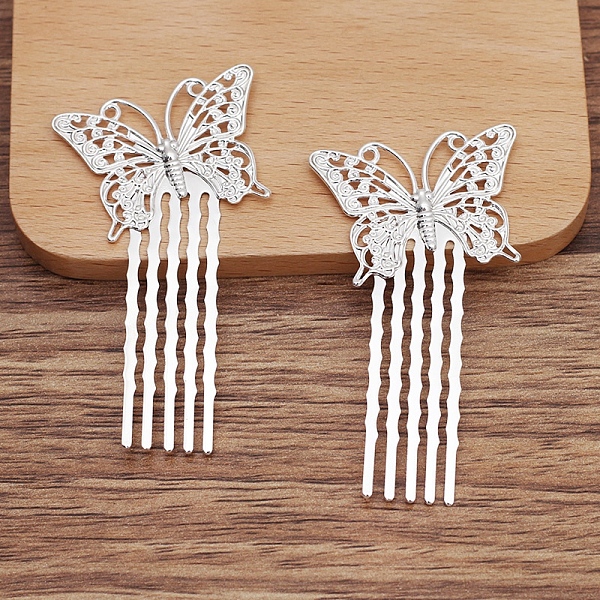 

PandaHall Brass Hair Comb Findings, Filigree Butterfly, Silver, 35x25mm Brass