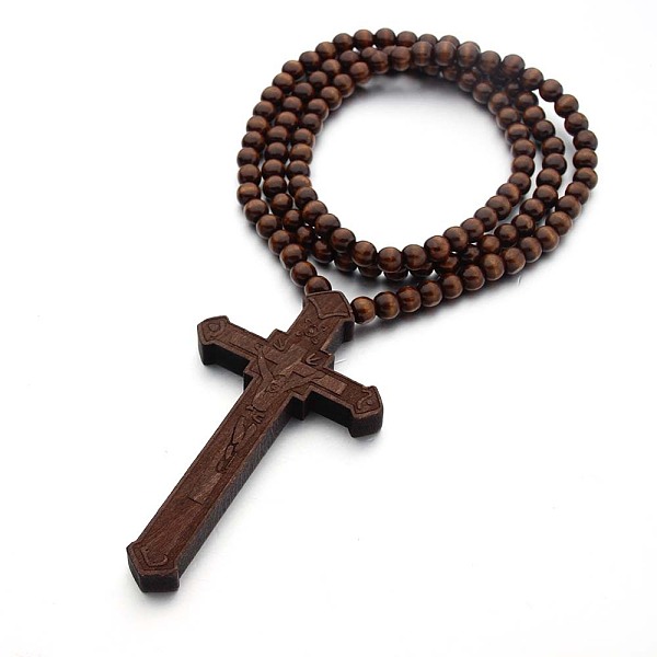 

PandaHall Wood Cross Pendant Necklace with Round Beaded Chains for Men Women, Brown, 35.43 inch(90cm) Wood Brown