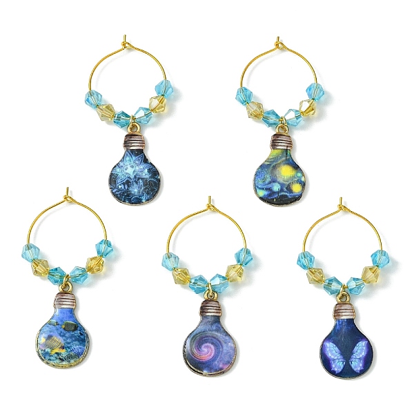 

PandaHall Alloy Printed Bulb Wine Glass Charms, with Glass Beads and Brass Wine Glass Charm Rings, Mixed Color, 59mm Alloy Multicolor