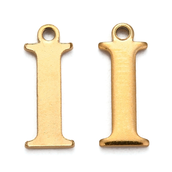 

PandaHall Ion Plating(IP) 304 Stainless Steel Alphabet Charms, Golden, Letter.I, 12.5x4.5x1mm, Hole: 1mm 304 Stainless Steel Letter I