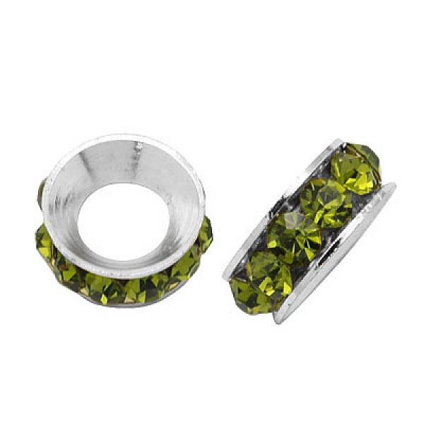 

PandaHall Brass Rhinestone Spacer Beads, Grade A, Rondelle, Silver Color Plated, Olivine, 9x4mm Brass+Rhinestone Rondelle Green