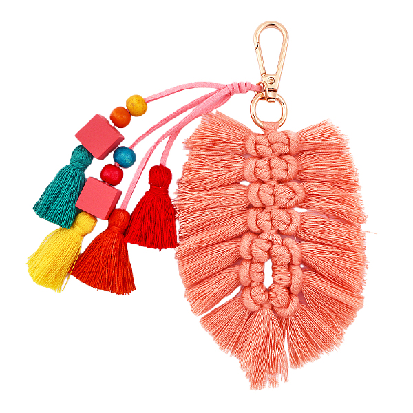 

PandaHall Bohemian Tassel Pendant Decoration, Knitting Leaf Cloth Charms, for Woman Bag Ornament, Light Salmon, 19.2~20.2cm Alloy Leaf