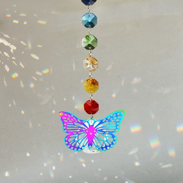

PandaHall Glass Hanging Suncatcher Pendant Decoration, Crystal Ball Prism Pendants, with Stainless Steel Findings, Butterfly Pattern, 220mm...