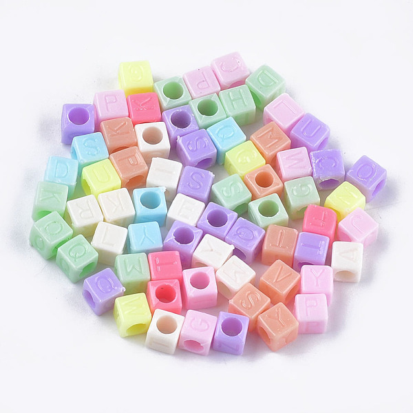 

PandaHall Opaque Acrylic Beads, Horizontal Hole, Cube with Letter, Mixed Color, 5.5~6x5.5~6x5.5~6mm, Hole: 3.5~4mm, about 4160pcs/500g..., Multicolor
