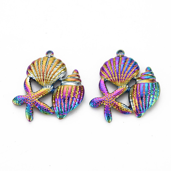 

PandaHall 201 Stainless Steel Pendants, Shell with Conch & Starfish, Rainbow Color, 23x21x4.5mm, Hole: 1.4mm 201 Stainless Steel Shell Shape
