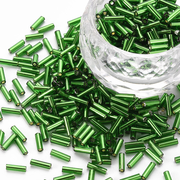 

PandaHall Plated Glass Bugle Beads, Metallic Colours, Green, 6x2mm, Hole: 1mm, about 10000pcs/Pound Glass Green
