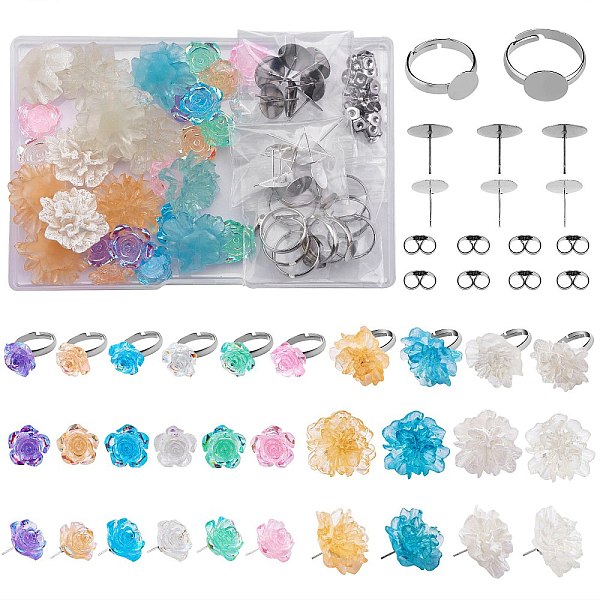 

PandaHall DIY Flower Earring & Finger Ring Making Kit, Including Resin Cabochons, 304 Stainless Stud Earring Findings, Brass Pad Rings Bases..., Multicolor