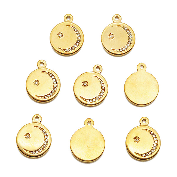 

PandaHall 201 Stainless Steel Pendants, with Crystal Rhinestone, Flat Round with Moon and Star, Golden, 19x15x2.5mm, Hole: 1.6mm 201..., Clear