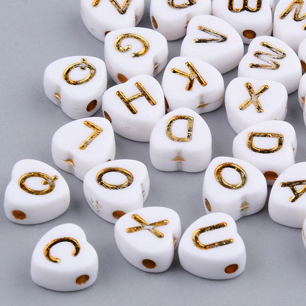 

PandaHall Electroplate Opaque Acrylic Beads, Horizontal Hole, Heart with Mixed Golden Letters, White, 7x7x4mm, Hole: 1.5mm, about...