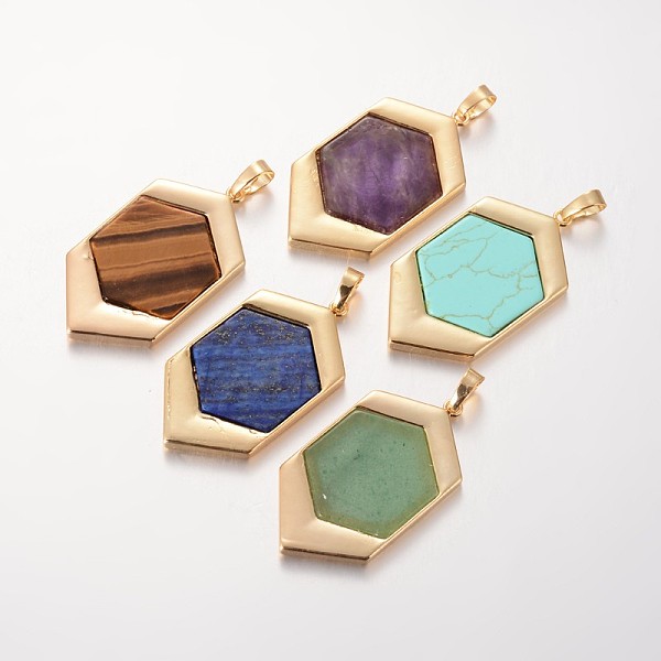 

PandaHall Hexagon Golden Tone Brass Gemstones Pendants, 44x24x3mm, Hole: 5x8mm Mixed Stone Hexagon