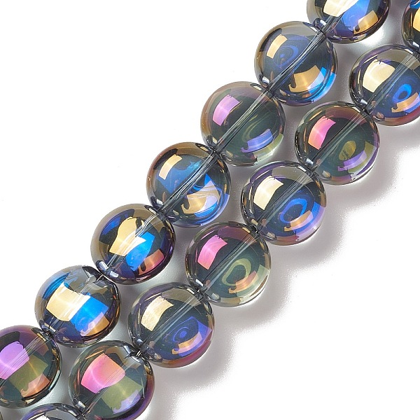 

PandaHall Transparent Electroplate Glass Bead Strands, Rainbow Plated, Flat Round, Purple, 12x8mm, Hole: 1.2mm, about 50pcs/strand, 24.41''...