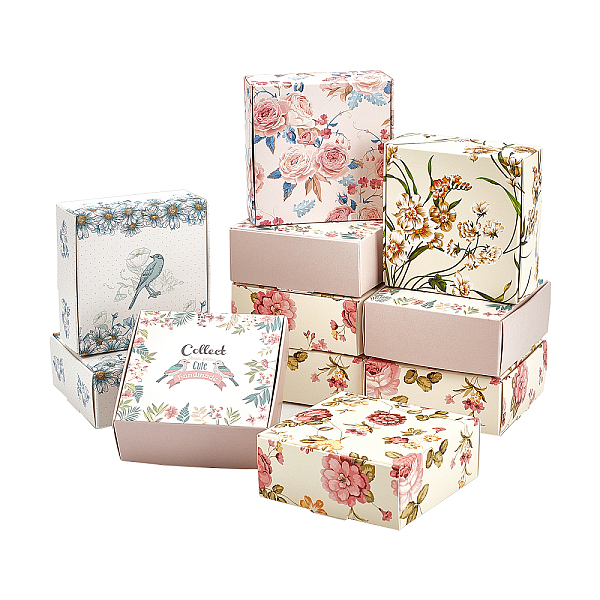 PandaHall Flower Pattern Paper Gift Boxes, Folding Boxes, for Jewelry Square, Mixed Color, 7.5x7.5x3cm, 5 colors, 6pcs/color, 30pcs/set...