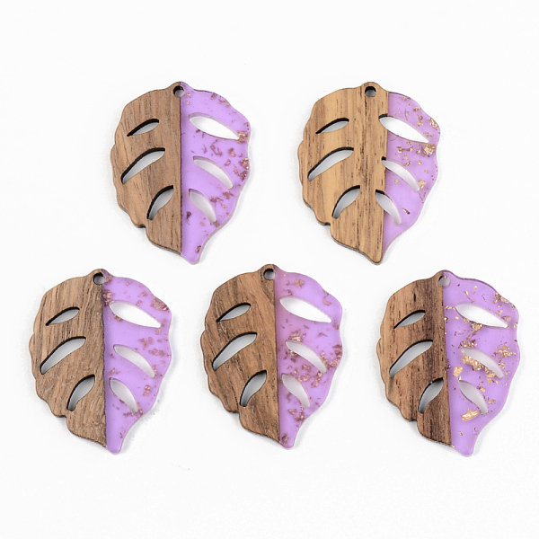 

PandaHall Transparent Resin & Walnut Wood Pendants, with Gold Foil, Leaf, Lilac, 37x28x3mm, Hole: 2mm Resin+Wood Leaf Purple