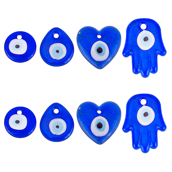

PandaHall SUPERFINDINGS 8Pcs 4 Style Evil Eye Charms Flat Round Evil Eye Lampwork Pendants 34~50x30~36mm Hamsa Hand Evil Eye Pendant for DIY..., Blue