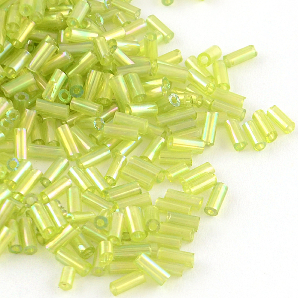 

PandaHall AB Color Plated Glass Bugle Beads, Transparent Colours Rainbow, Green Yellow, 4~4.5x2mm, Hole: 1mm, about 450g/bag, 14000pcs/bag...