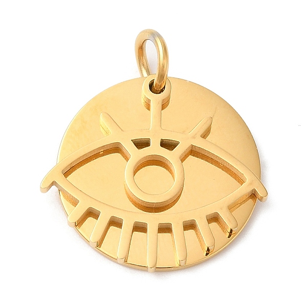 

PandaHall Ion Plating(IP) 304 Stainless Steel Pendants, with Jump Ring, Flat Round & Eye Charm, Golden, 22x18x2.5mm, Hole: 4mm 304 Stainless...
