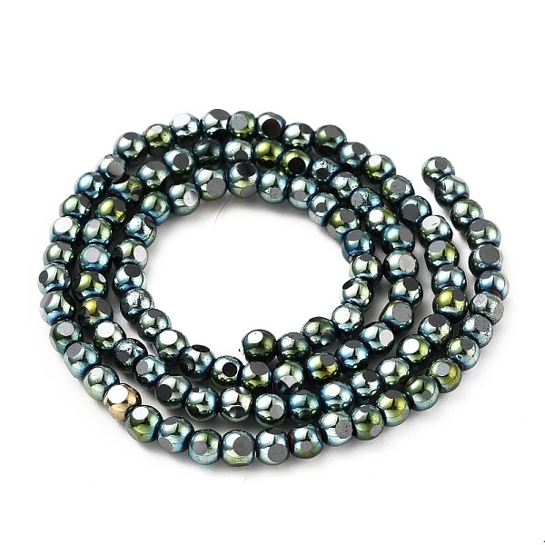 

PandaHall Vacuum Plating Non-magnetic Synthetic Hematite Beads Strands, Faceted, Round, Green Plated, 3.5~4x4x3.5~4mm, Hole: 0.8mm, about...