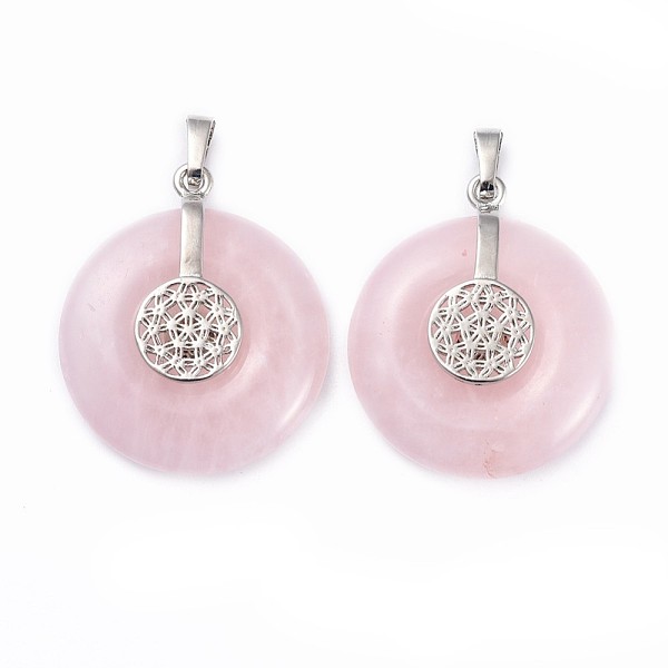 

PandaHall Natural Rose Quartz Pendants, with Platinum Tone Brass Findings, Donut/Pi Disc with Flower, 35.5x30x8.5~9.5mm, Hole: 4.5x6.5mm..., Pink