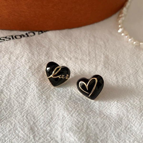 

PandaHall Heart & Word Love Enamel Asymmetrical Earrings, Golden Alloy Stud Earrings with 925 Sterling Silver Pins for Valentine's Day..., Black