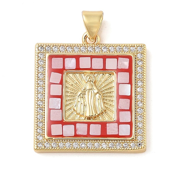 

PandaHall Brass & Shell & Clear Cubic Zirconia Pendants, Square with Virgin Mary Pattern, Real 18K Gold Plated, Red, 24.5x21.5x3.5mm, Hole...