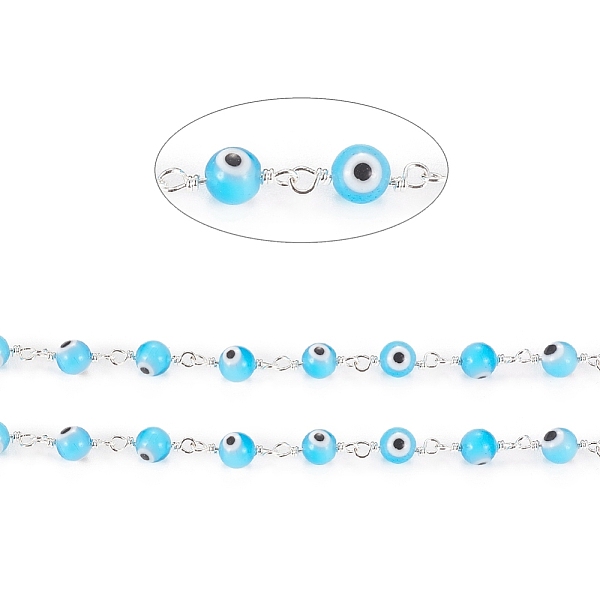 

PandaHall 3.28 Feet Handmade Evil Eye Lampwork Round Beaded Chains, with Brass Findings, Unwelded, Long-Lasting Plated, Silver, Cyan...