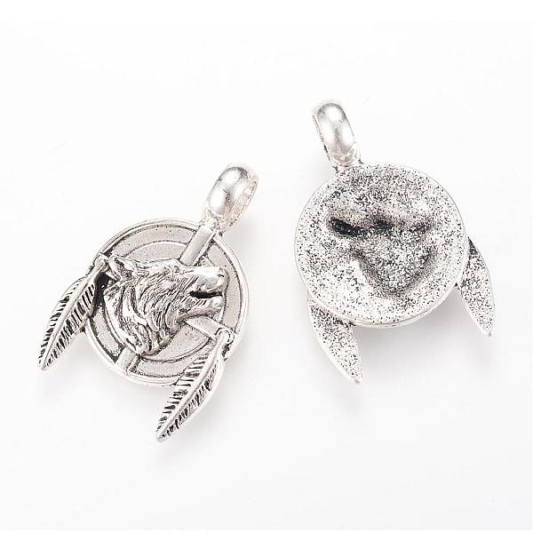 

PandaHall Tibetan Style Alloy Pendants, Flat Round with Wolf and Wing, Cadmium Free & Lead Free, Antique Silver, 38.5x25x10mm, Hole: 7mm...