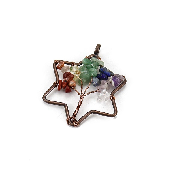 

PandaHall Tree of Life Natural & Synthetic Mixed Gemstone with Metal Wire Wrapped Pendants, Red Copper, Star, 50mm Mixed Stone Star