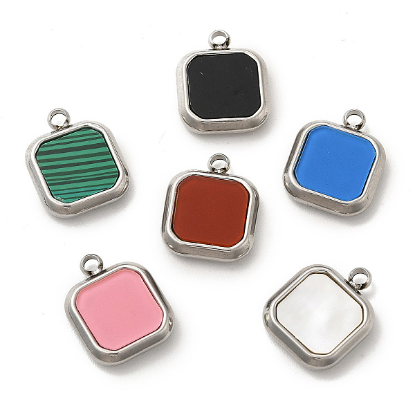 

PandaHall 304 Stainless Steel Pendants, with Synthetic Malachite & Acrylic & Shell, Square Charm, Stainless Steel Color, 15x12x3mm, Hole...
