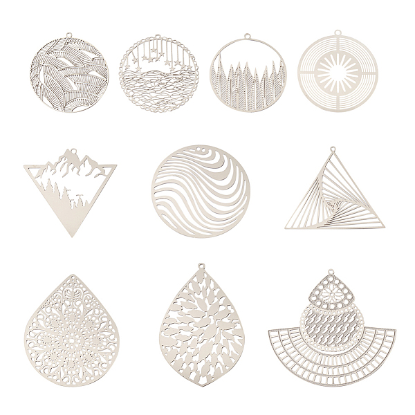 

PandaHall Fashewelry 40Pcs 10 Style 201 Stainless Steel Filigree Pendants, Etched Metal Embellishments, Drop & Dress & Flat Round & Triangle...