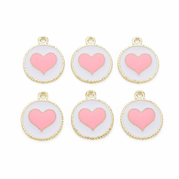 

PandaHall Alloy Enamel Pendants, Light Gold, Cadmium Free & Nickel Free & Lead Free, Flat Round with Heart, Pink, 18x15x1.5mm, Hole: 1.6mm...