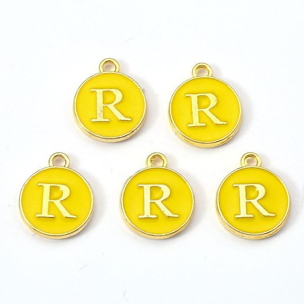 

PandaHall Golden Plated Alloy Enamel Charms, Enamelled Sequins, Flat Round with Letter, Gold, Letter.R, 14x12x2mm, Hole: 1.5mm Alloy+Enamel...